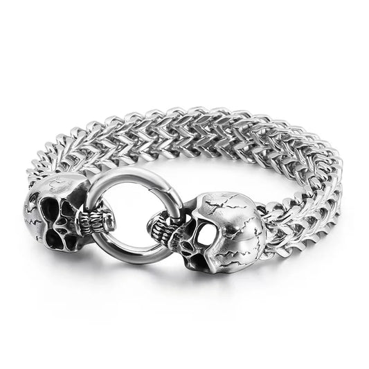 1 men's retro domineering and fashionable double skull men's bracelet with buckle - men's Gothic Cuban chain, fashionable style
