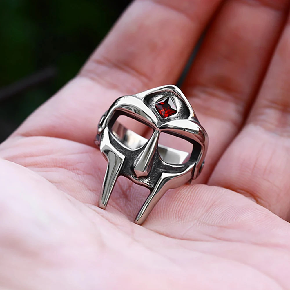Gothic Vintage MF DOOM Mask Rings For Men Women Punk Biker Stainless Steel Red Stone Ring Fashion Amulet Jewelry Gift Wholesale