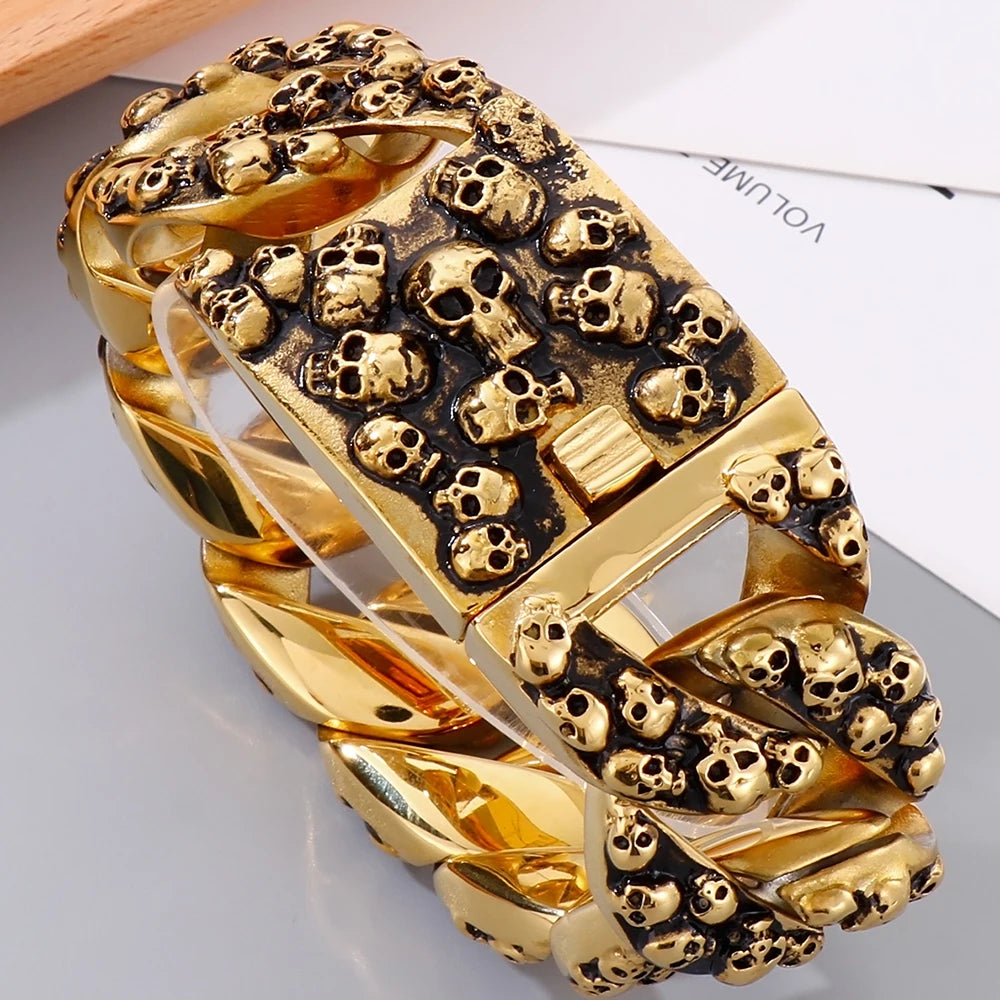 Gothic Skull Head Curb Chain Bracelets for Men Steampunk Bikers Skeleton Jewelry Massive Stainless Steel Men's Bracelet Dropship