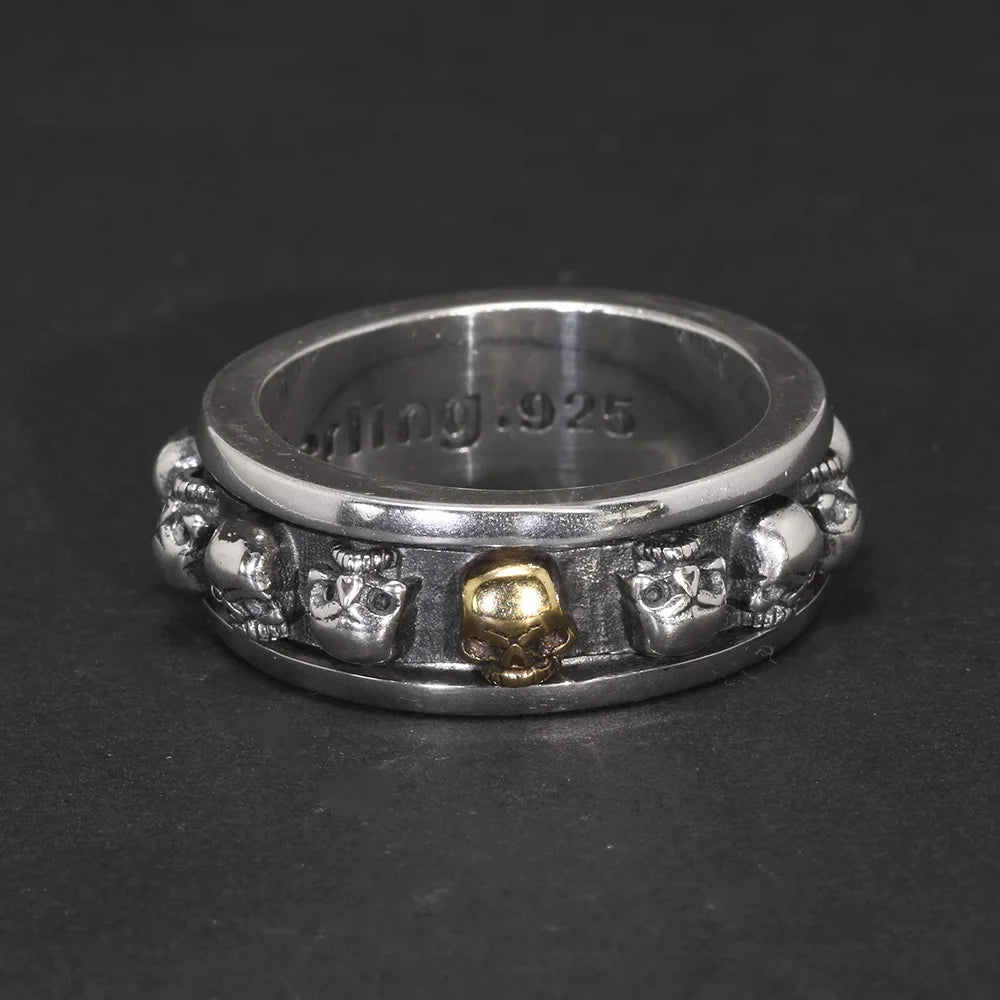 S925 Sterling Silver Rotating Spinner Skull Mens Rings Retro Punk Rock Style Aneis Vintage Fine Jewelry