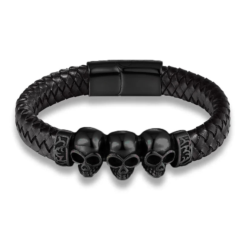 MKENDN Fashion Braided Leather Bracelets Skull Bracelet Punk Wrap Bracelet Stainless Steel Magnetic Buckle Fashion Bangles