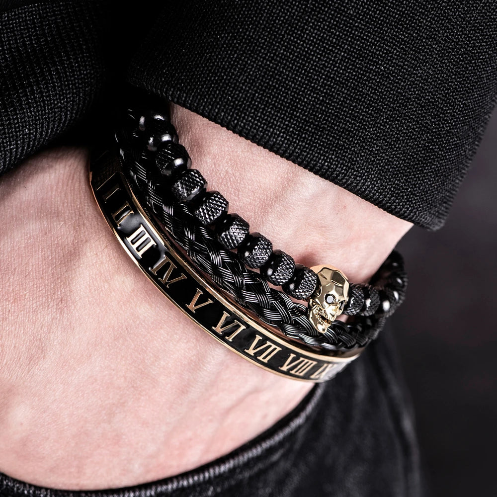 Luxury 3pcs/Set Skull Charm Black Bracelet Stainless Steel  Men Enamel Roman Number Bangles  Europe Fashion Couple Jewelry