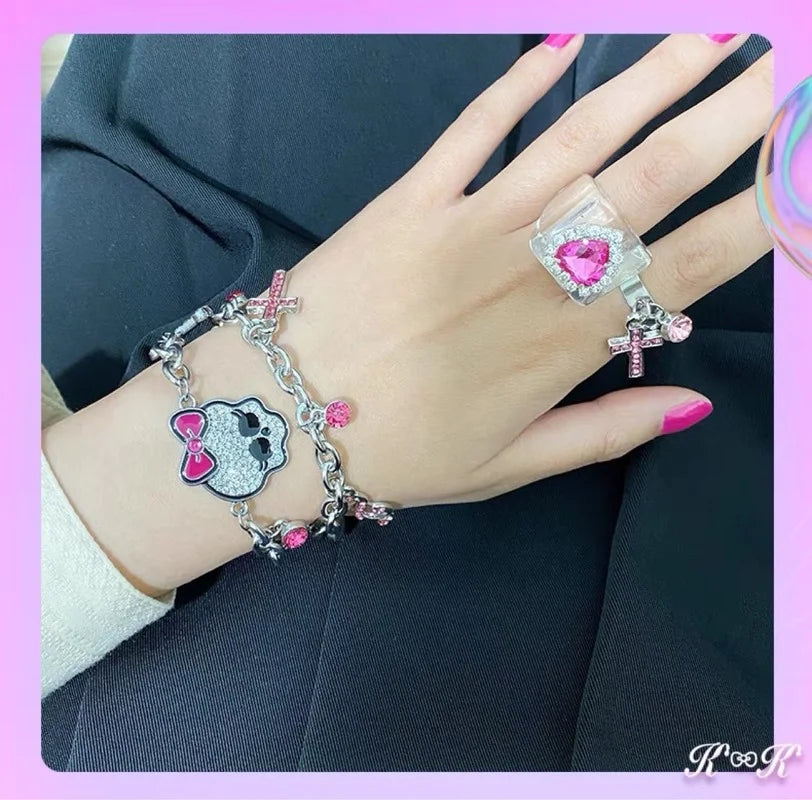 Y2K Accessories Pink Bowknot Rhinestone Skull Bracelet for Women Fashion Gothic Bone Thick Chain Charm Bracelet Harajuku Jewelry