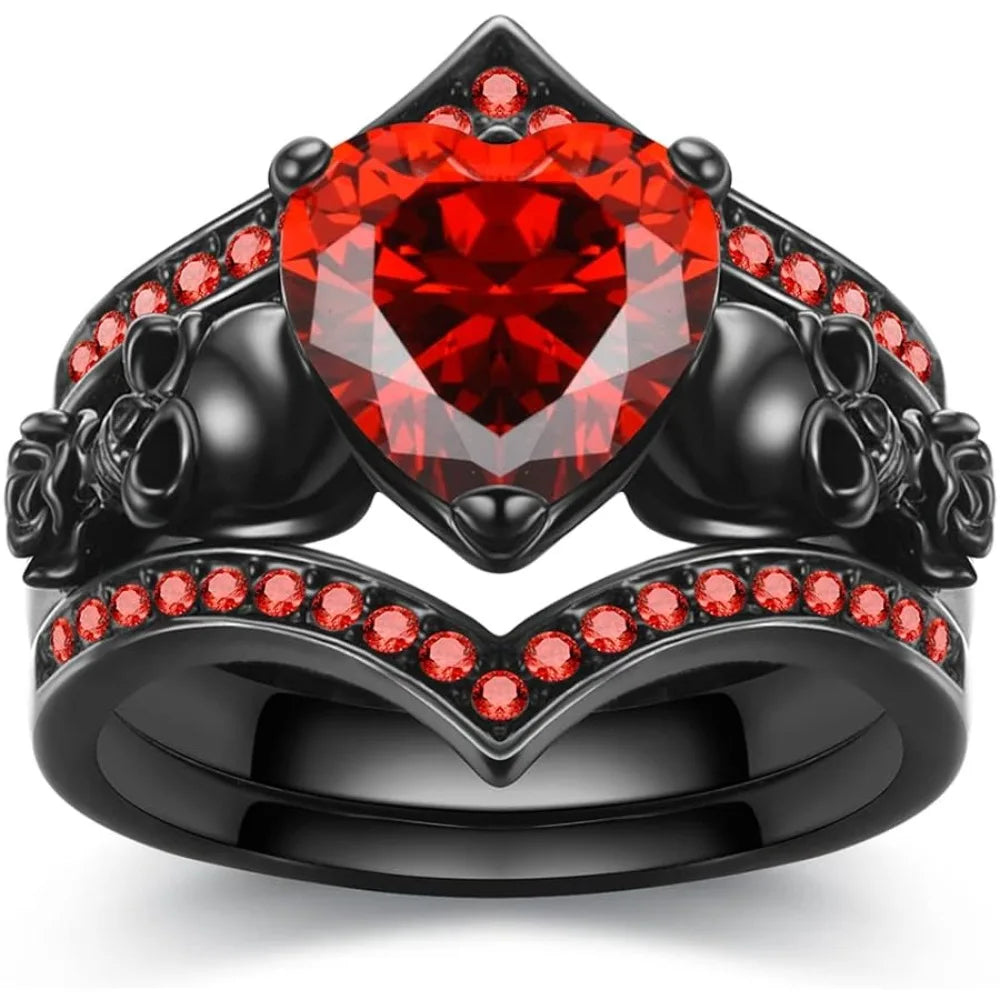 Gothic Black Rose Flower Skull Engagement Ring Set Red Purple Heart Zircon Crystal Anniversary Mother's Day Holiday Gift Jewelry