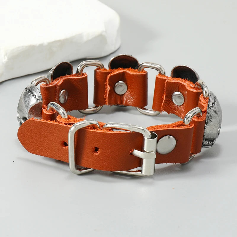 Punk rock metal skull accessories genuine leather bracelet for men women