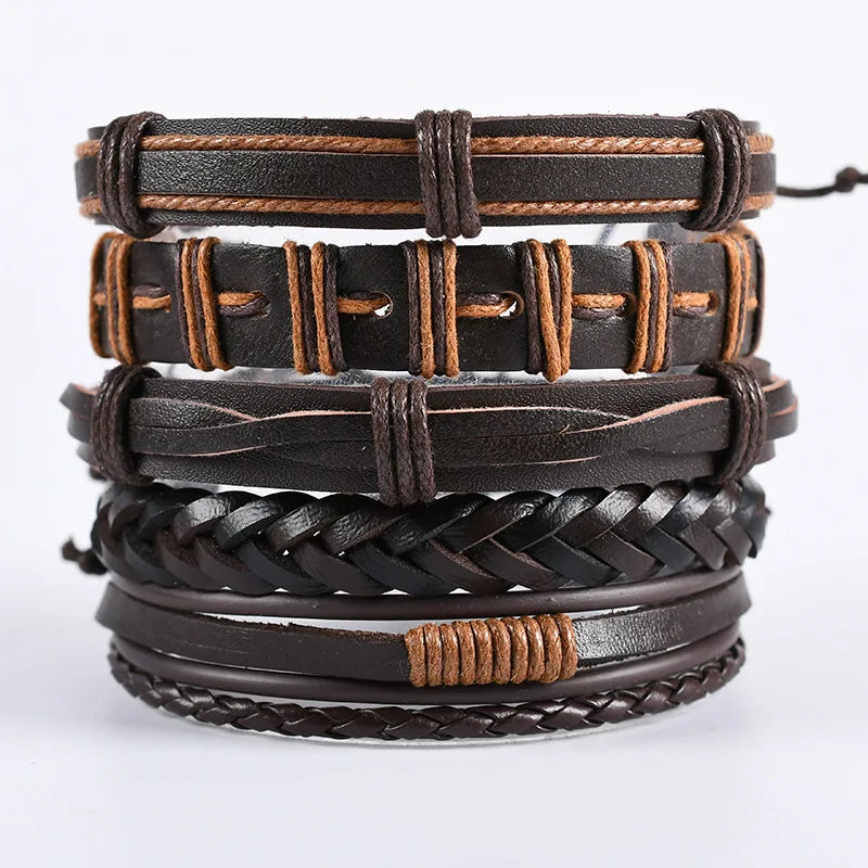 Fashion Viking Punk Bracelet For Men Hand Bracelets Multi-Layer Woven Skull Head Star Accessories Jewelry Leather Set Gifts