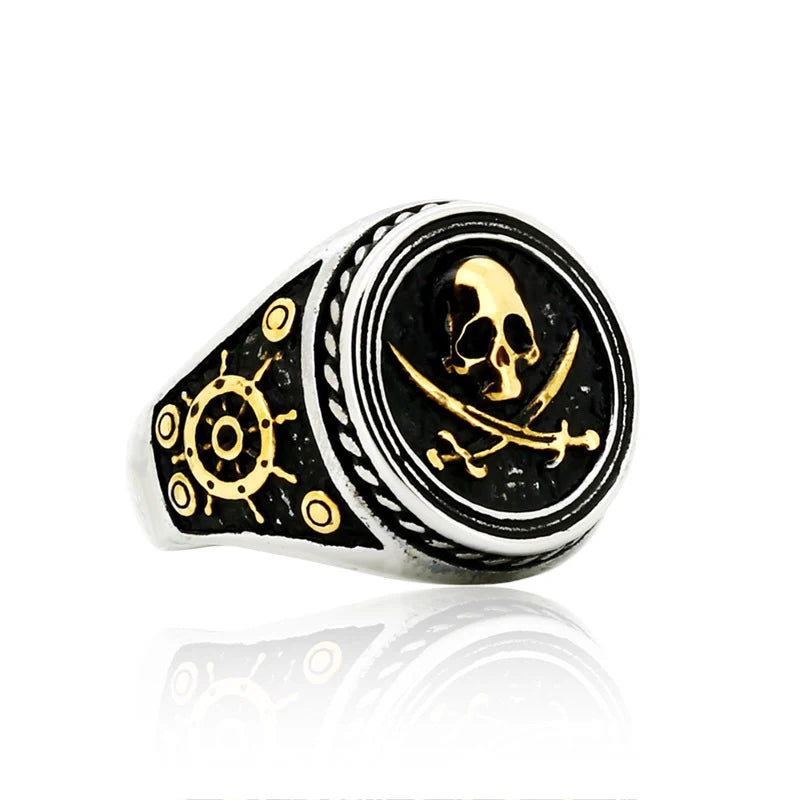 Viking Pirate Signet Double Knife Skull Rings for Men Stainless Steel Viking Ring Biker Amulet Vintage Jewelry Gift Dropshipping
