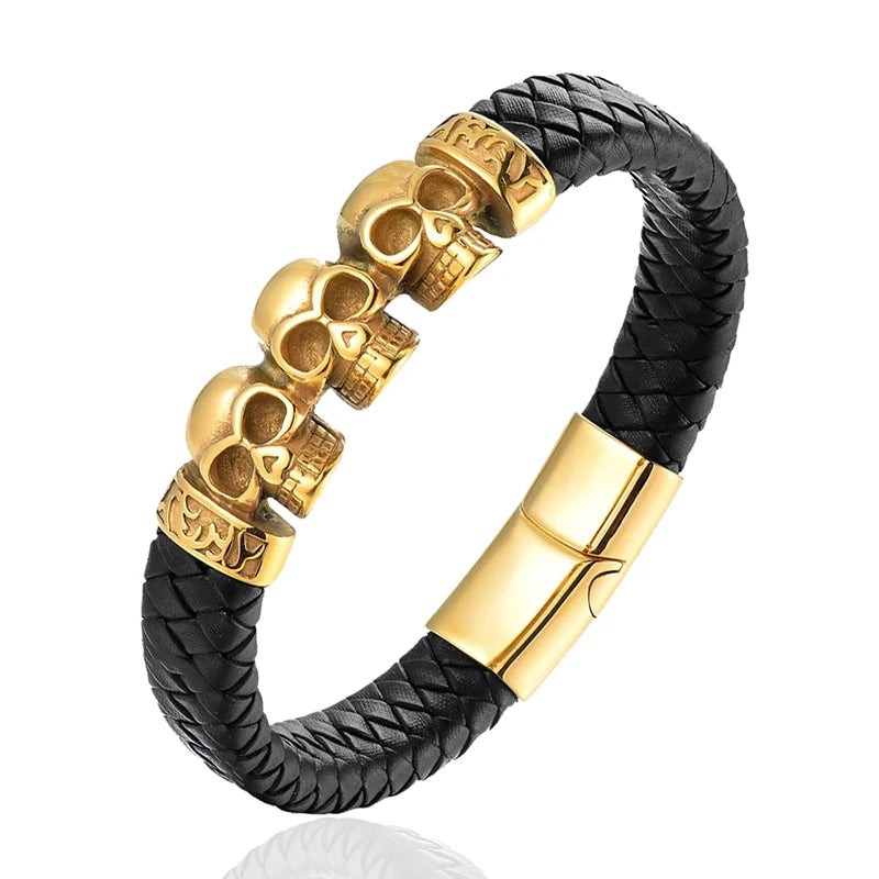 MKENDN Fashion Braided Leather Bracelets Skull Bracelet Punk Wrap Bracelet Stainless Steel Magnetic Buckle Fashion Bangles