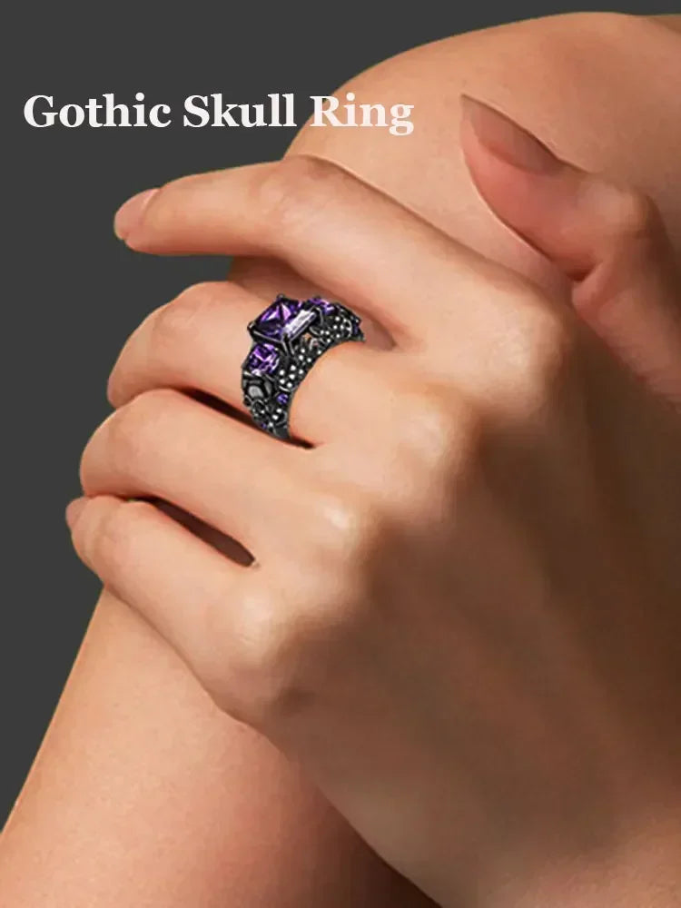 Gothic Jewelry Purple Red Black Crystal Unique Black Skull Rings for Women Halloween Christmas Gifts