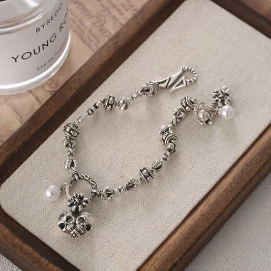 Best Sell Vintage Skull Heads 925 Sterling Silver Unisex Punk Rock Charm Bracelet Jewelry For Women Man Halloween Gift Cheap