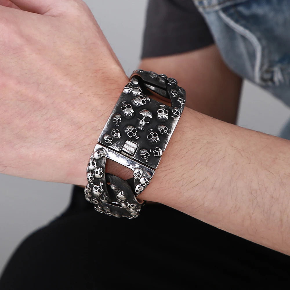 Gothic Skull Head Curb Chain Bracelets for Men Steampunk Bikers Skeleton Jewelry Massive Stainless Steel Men's Bracelet Dropship