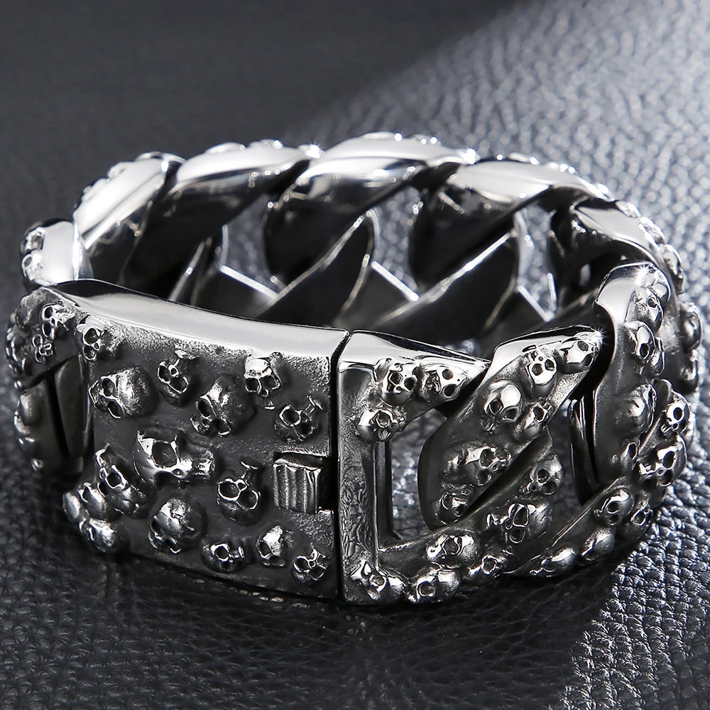 Gothic Skull Head Curb Chain Bracelets for Men Steampunk Bikers Skeleton Jewelry Massive Stainless Steel Men's Bracelet Dropship