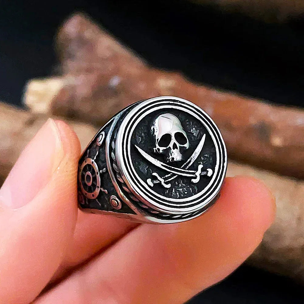 Viking Pirate Signet Double Knife Skull Rings for Men Stainless Steel Viking Ring Biker Amulet Vintage Jewelry Gift Dropshipping
