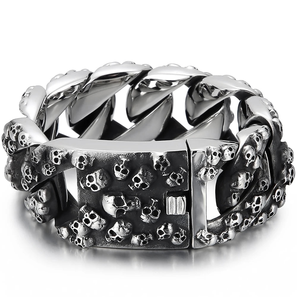 Gothic Skull Head Curb Chain Bracelets for Men Steampunk Bikers Skeleton Jewelry Massive Stainless Steel Men's Bracelet Dropship