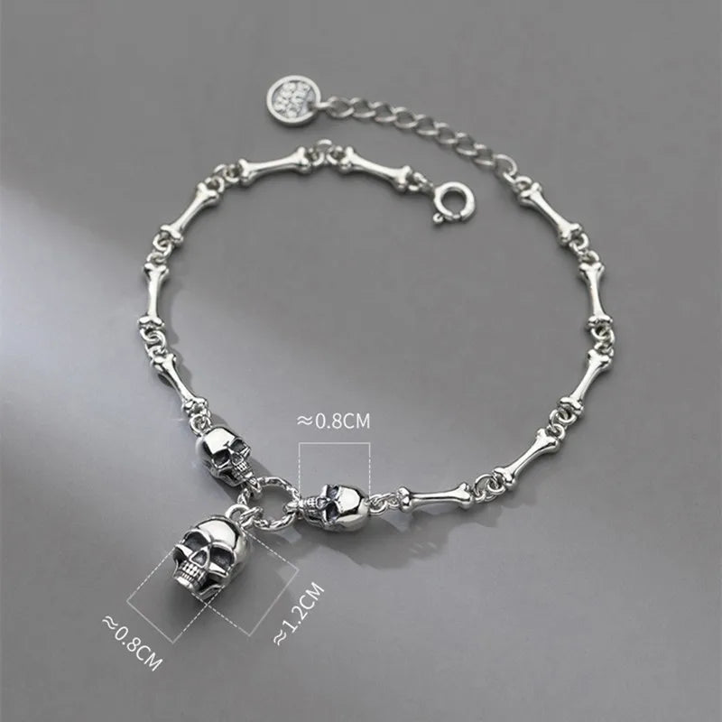YIZIZAI Gothic Style 100% 925 Sterling Silver Men Women Creative Retro Skull Bone Chain Bracelet For Halloween party