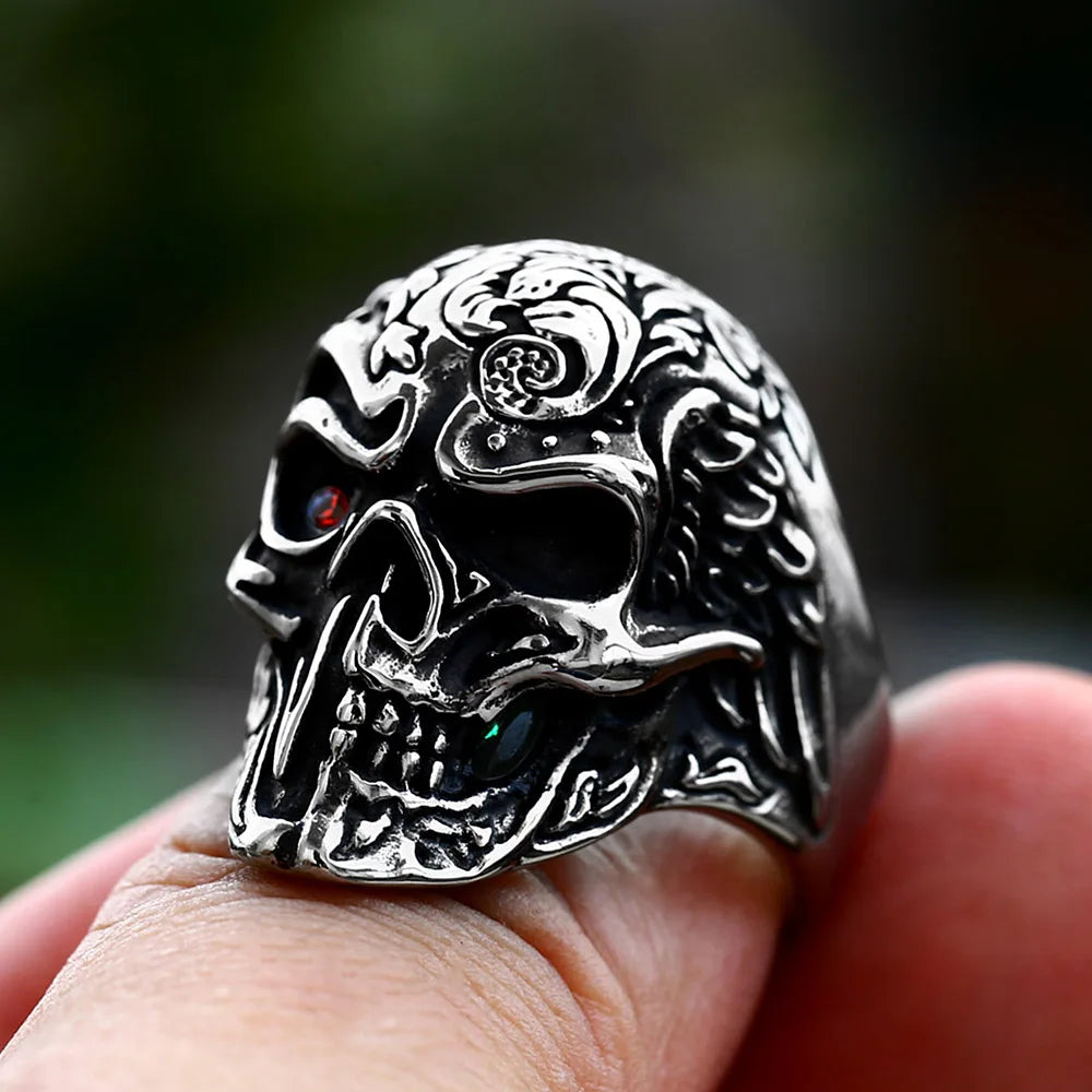 New Vintage 316L Stainless Steel Skull Ring With Red Stone Cool Biker Fashion Skeleton Ring For Men Punk Creative Amulet Jewelry