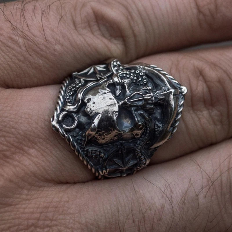 Gothic Men's Pirate Skull Ring Unique Pirate Octopus Anchor Adsorption Compass Ring Male Stainless Steel Punk Skull Biker Ring