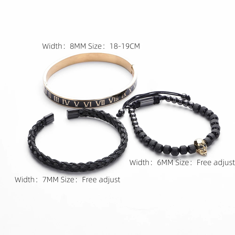 Luxury 3pcs/Set Skull Charm Black Bracelet Stainless Steel  Men Enamel Roman Number Bangles  Europe Fashion Couple Jewelry