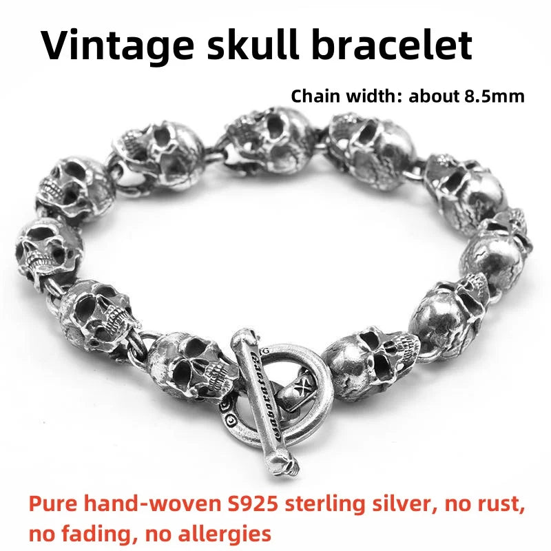 S925 Silver American Garber Style Handmade Skull Motorcycle Hand String Trend Men's and Women's Skeleton Vintage Punk Bracelet