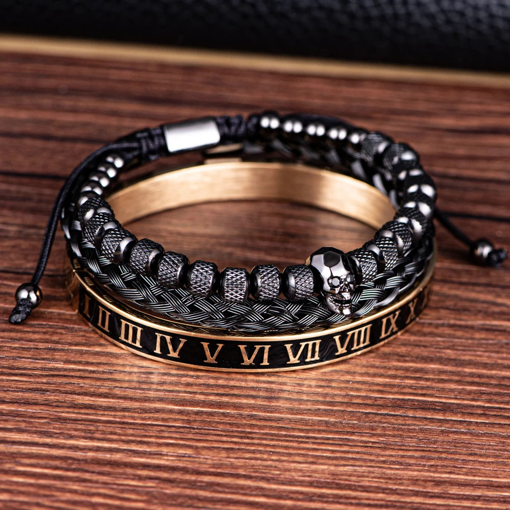 Luxury 3pcs/Set Skull Charm Black Bracelet Stainless Steel  Men Enamel Roman Number Bangles  Europe Fashion Couple Jewelry