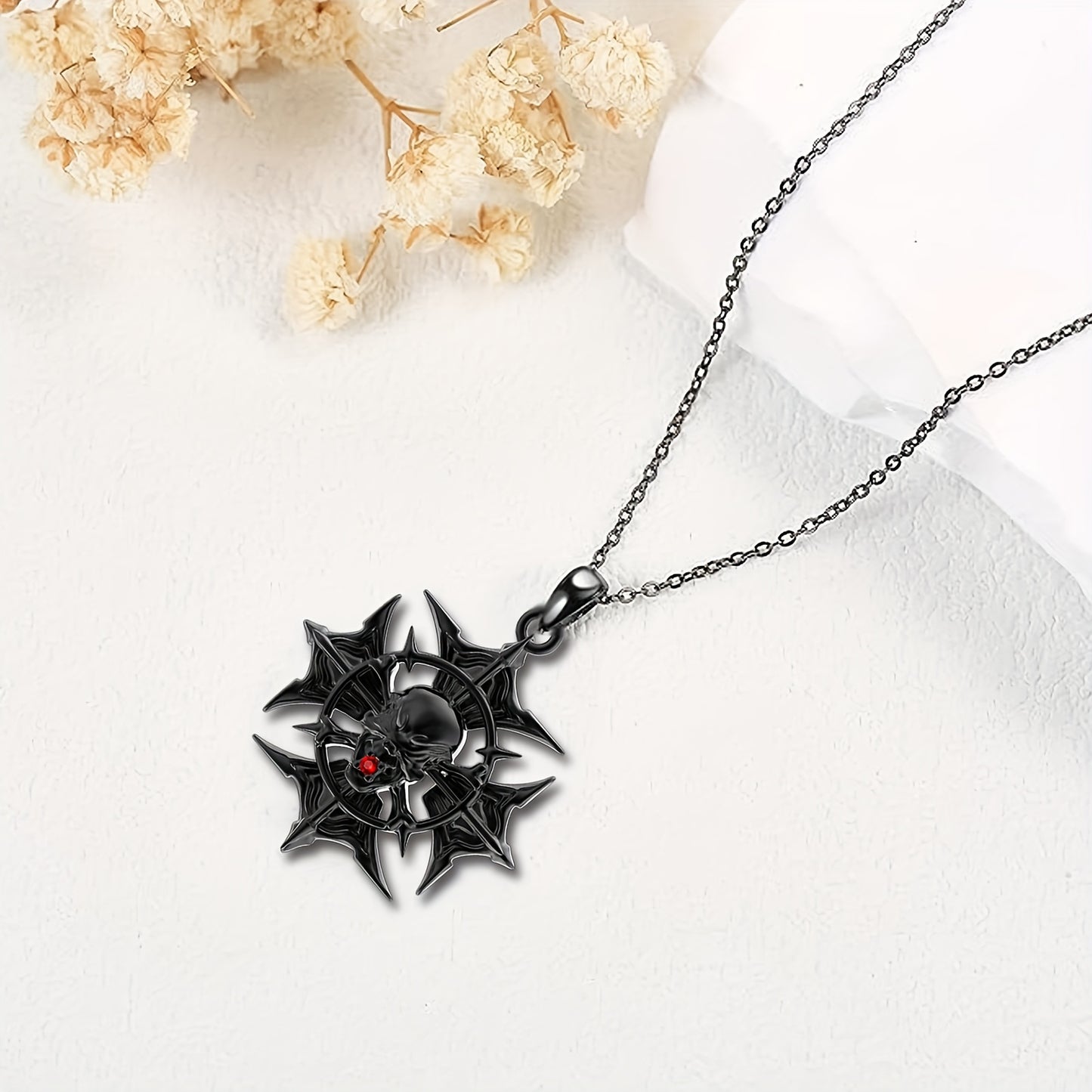 Halloween Skull Necklace For Women Sterling Silver Gothic Skeleton Necklace Black Natural Garnet Halloween Pendant Halloween Skull Jewelry Christmas Gift Mothers Day