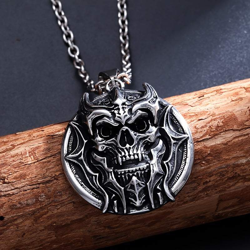83.48gal Titanium Steel Tyrant Skull Pendant Necklace for Men - Punk Rock Gothic Hip Hop Motorcycle Jewelry with Intricate Bone & Metallic Detailing, Durable Edgy Gift for Halloween, Day of the Dead, Thanksgiving, Halloween N
