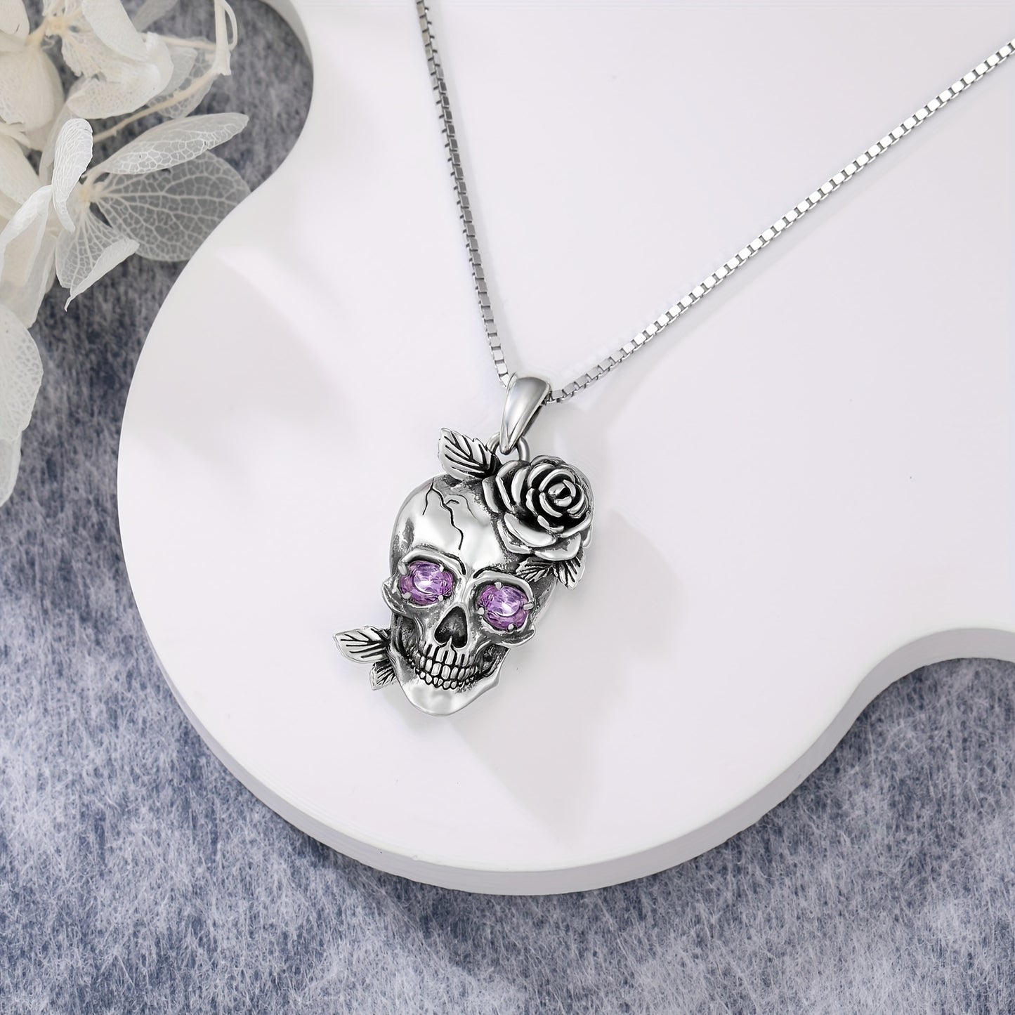 Amethyst Skull Necklace 925 Sterling Silver Gothic Rose Flower Skull Bone Pendant Necklaces Halloween Jewelry Birthday Gifts for Women
