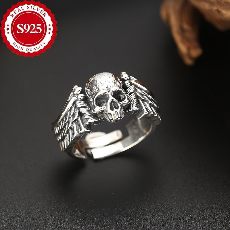 925 Sterling Silver Men's Gothic Skull Ring, Adjustable Open Band, Hip-Hop Punk Style, Unique Devil Angel Design