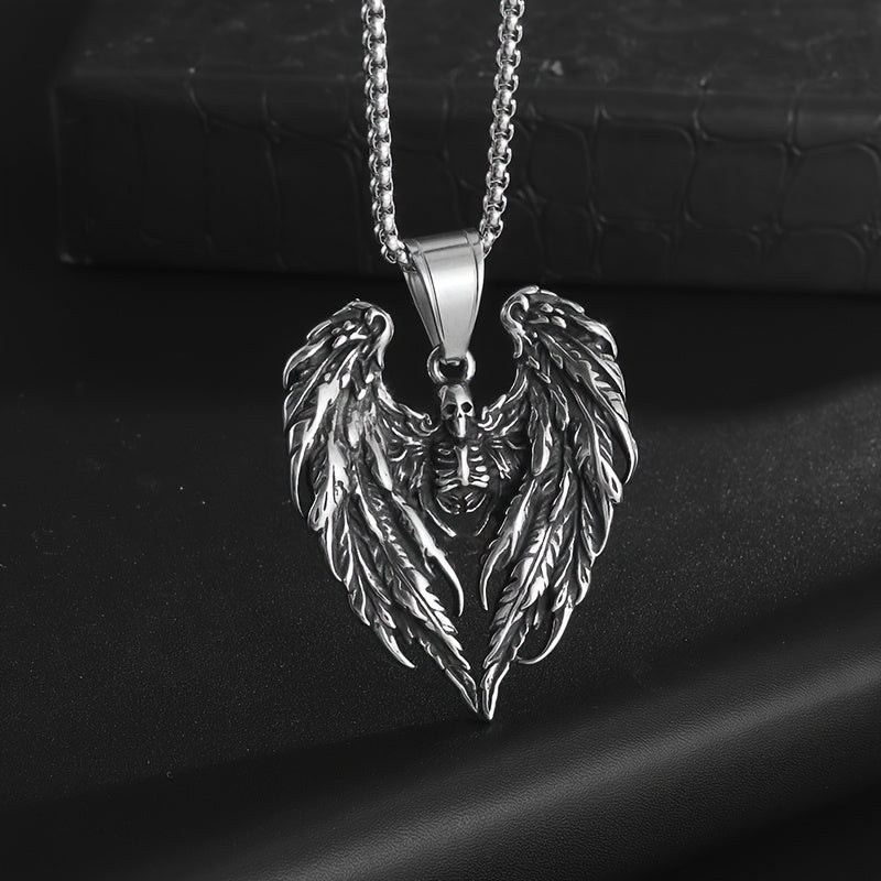 316L Stainless Steel Hell Death Angel Skull Wing Pendant For Men, Punk Personality Knight Jewelry Necklace
