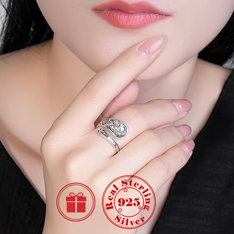 925 Sterling Silver Spoon Ring - Gothic Skull Rose Flower Pattern, Adjustable, Durable, and Comfortable Finger Ring