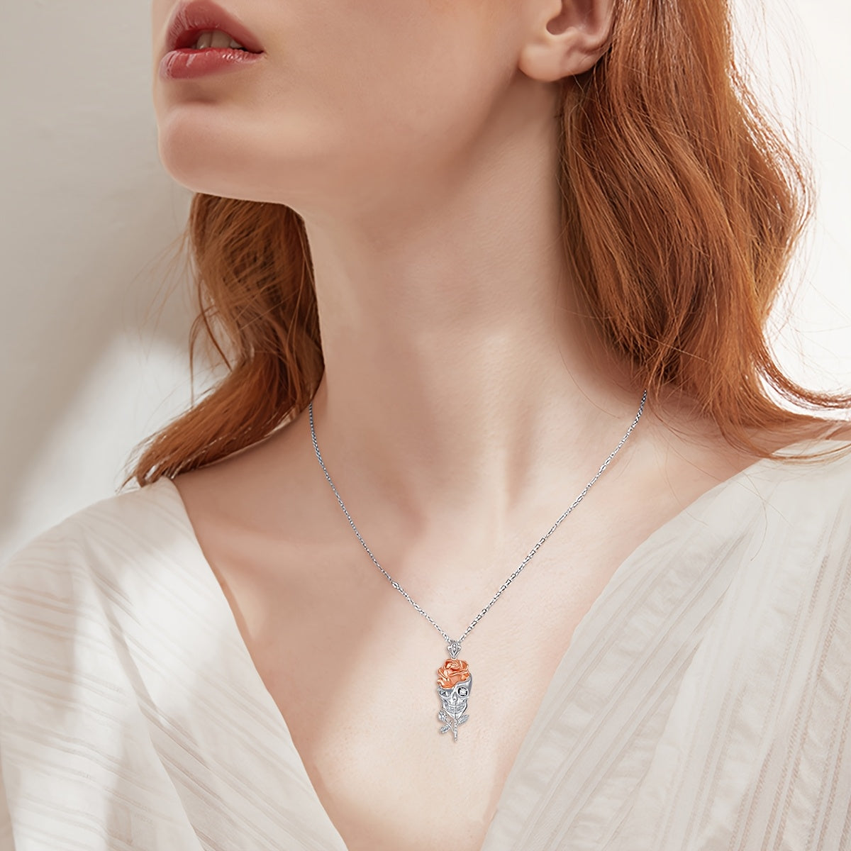 Skull Rose Necklace Pure Silvery Pendant Necklace Jewelry Gift for Wife Girlfriend