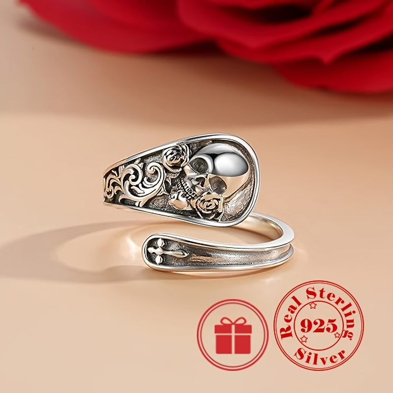 925 Sterling Silver Spoon Ring - Gothic Skull Rose Flower Pattern, Adjustable, Durable, and Comfortable Finger Ring