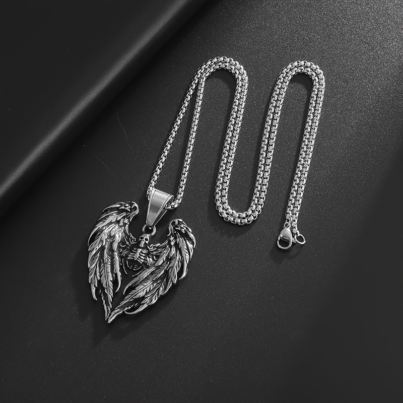 316L Stainless Steel Hell Death Angel Skull Wing Pendant For Men, Punk Personality Knight Jewelry Necklace