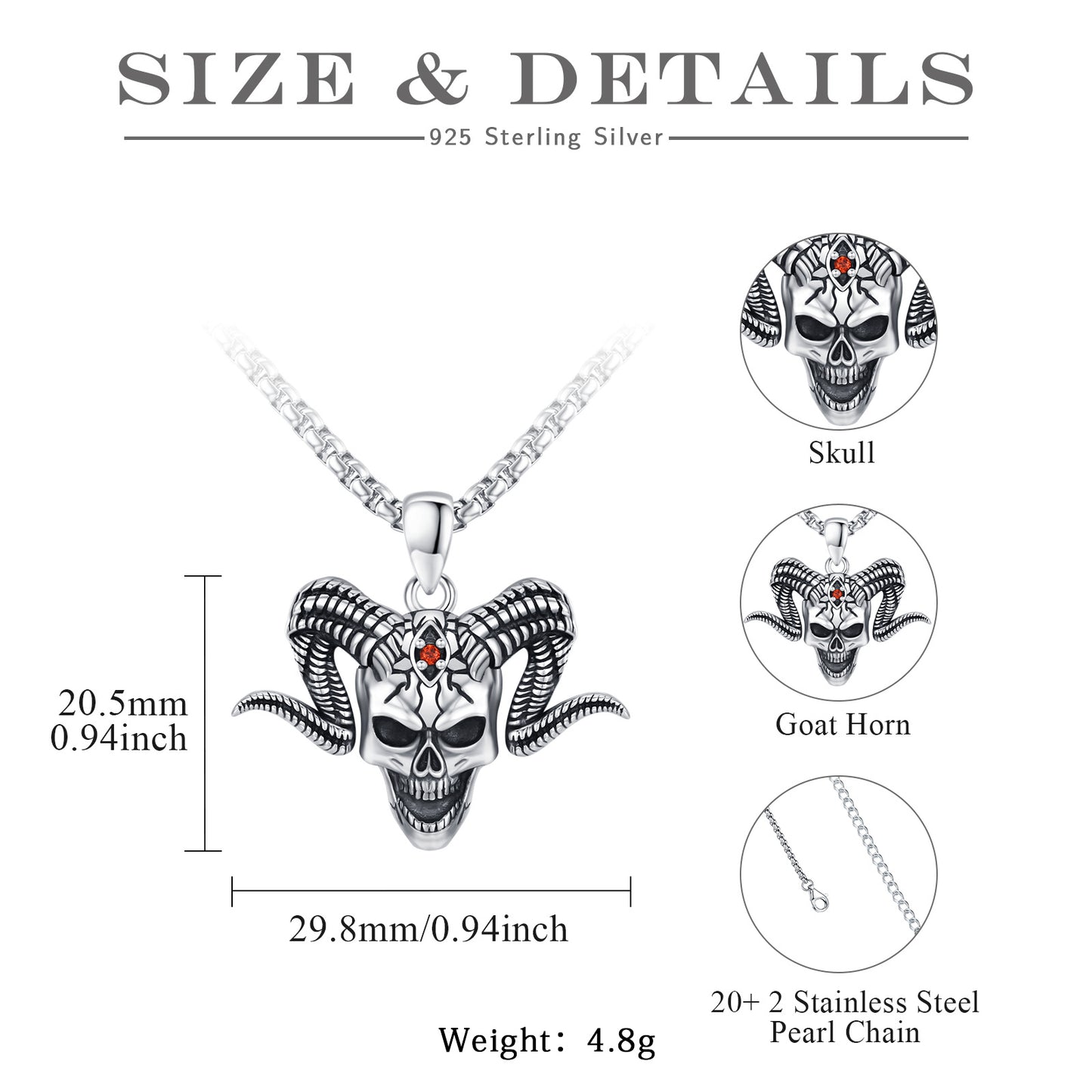 Skull Necklace for Men Satanic Necklace Skull Pendant Demon Necklace Satanic Baphomet Necklace Gothic Goat Head Jewelry Gift for Father's Day Mother's Day 925 Sterling Silver