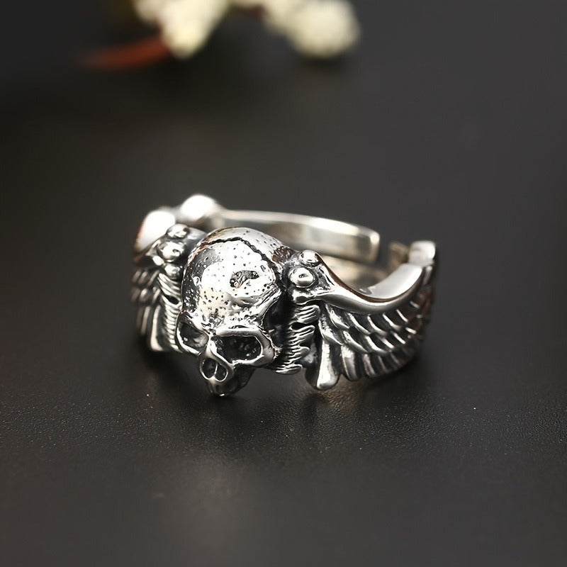 925 Sterling Silver Men's Gothic Skull Ring, Adjustable Open Band, Hip-Hop Punk Style, Unique Devil Angel Design