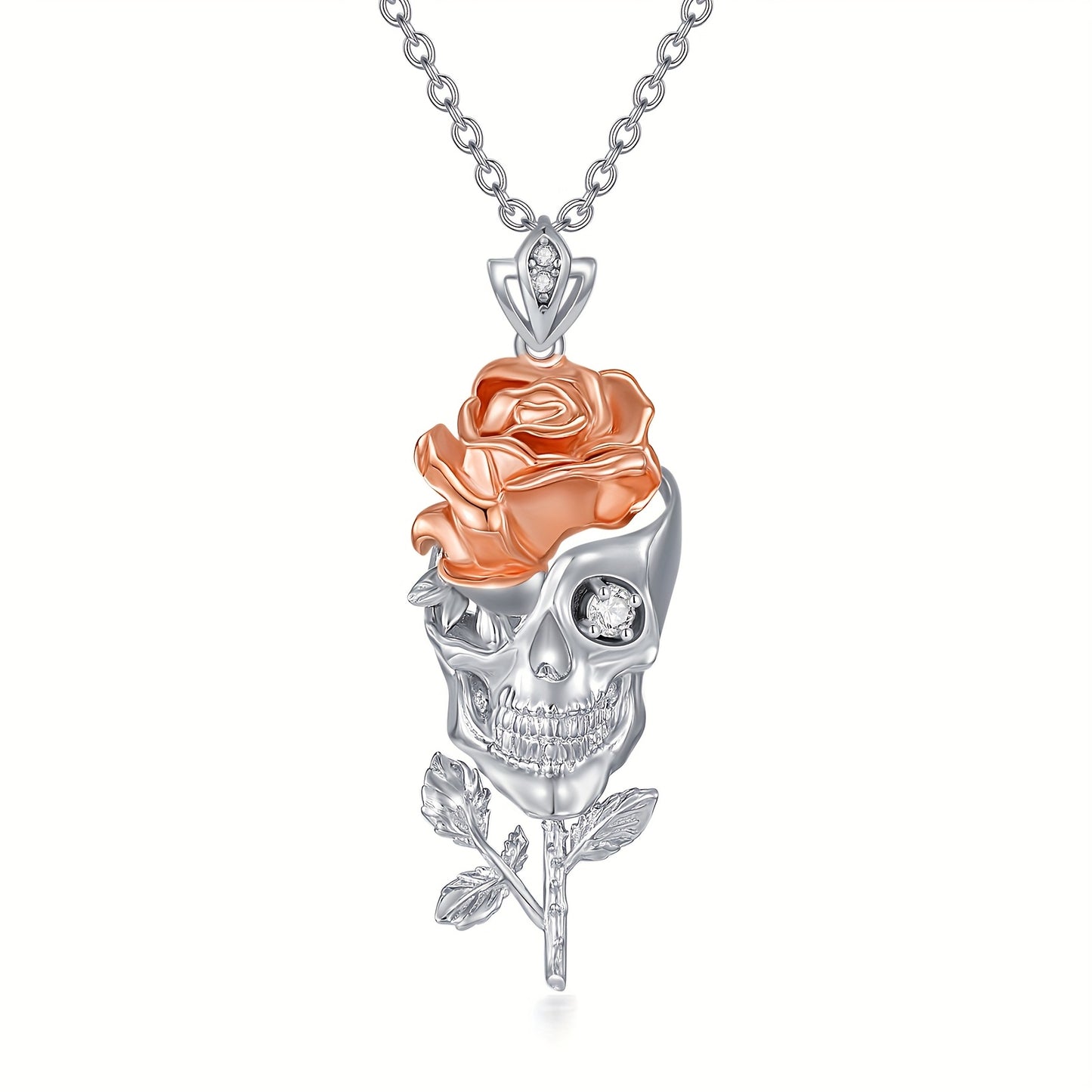 Skull Rose Necklace Pure Silvery Pendant Necklace Jewelry Gift for Wife Girlfriend