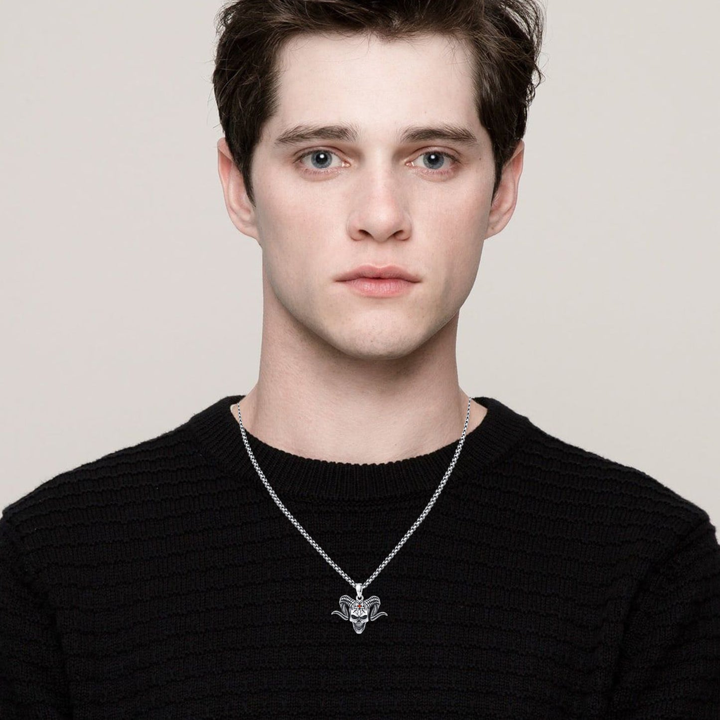 Skull Necklace for Men Satanic Necklace Skull Pendant Demon Necklace Satanic Baphomet Necklace Gothic Goat Head Jewelry Gift for Father's Day Mother's Day 925 Sterling Silver