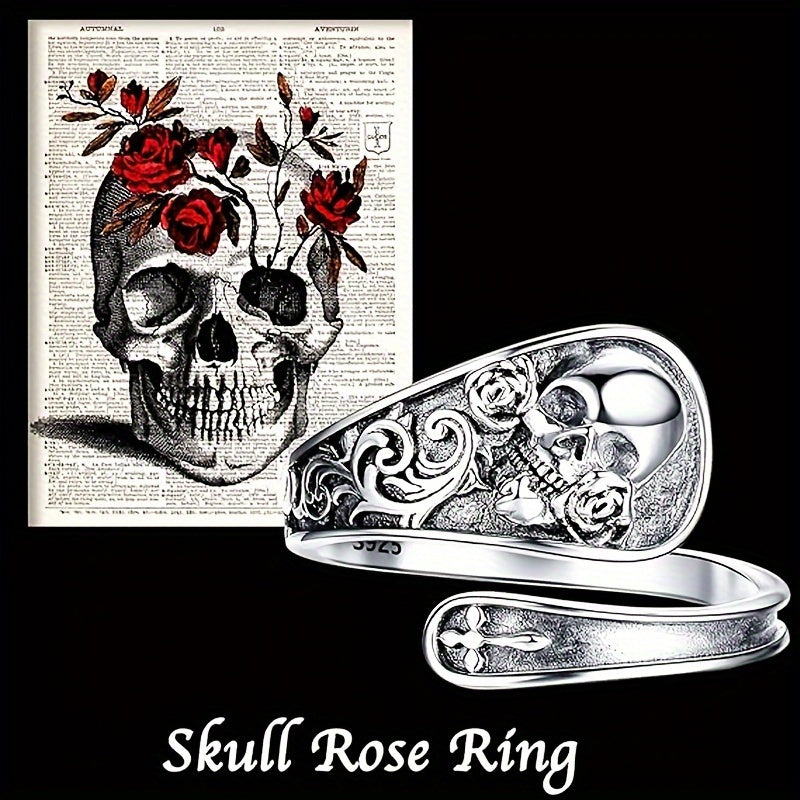 925 Sterling Silver Spoon Ring - Gothic Skull Rose Flower Pattern, Adjustable, Durable, and Comfortable Finger Ring