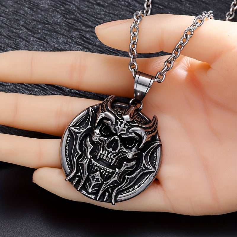 83.48gal Titanium Steel Tyrant Skull Pendant Necklace for Men - Punk Rock Gothic Hip Hop Motorcycle Jewelry with Intricate Bone & Metallic Detailing, Durable Edgy Gift for Halloween, Day of the Dead, Thanksgiving, Halloween N