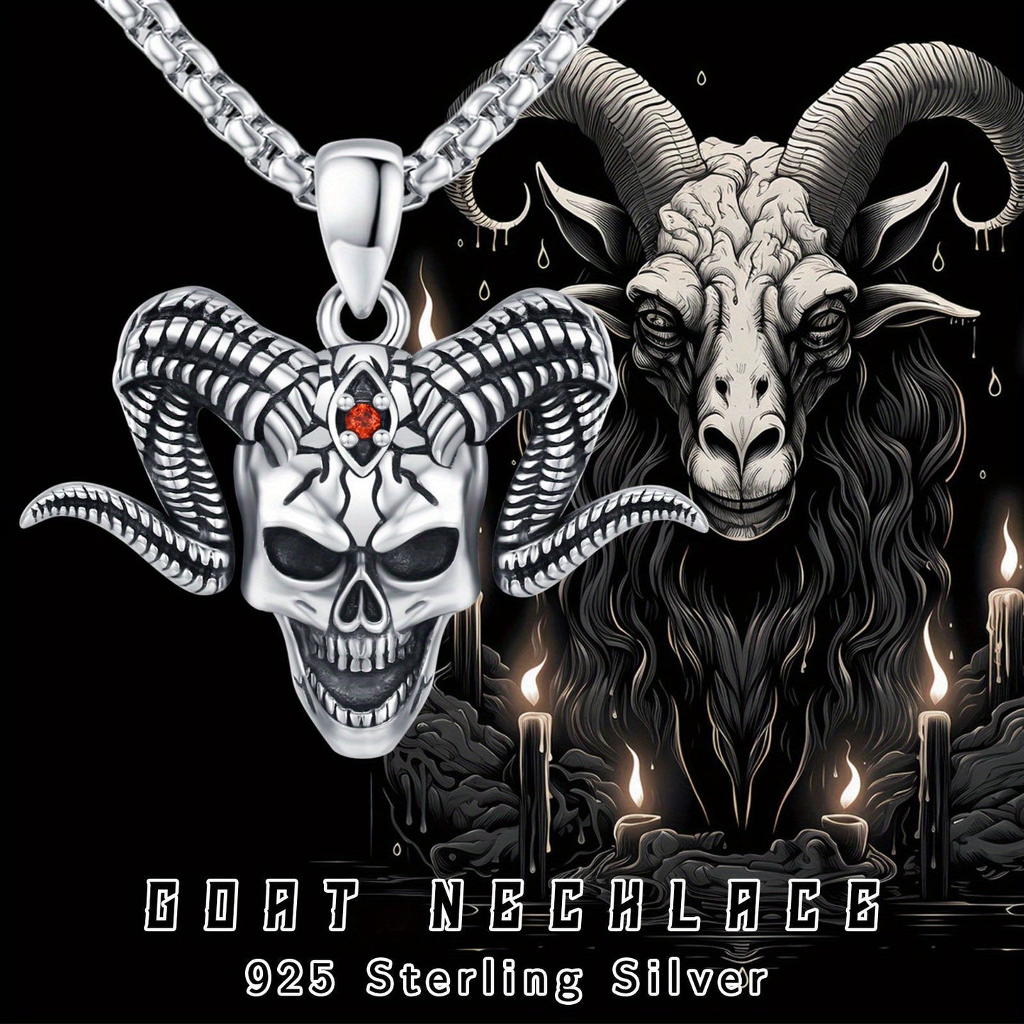 Skull Necklace for Men Satanic Necklace Skull Pendant Demon Necklace Satanic Baphomet Necklace Gothic Goat Head Jewelry Gift for Father's Day Mother's Day 925 Sterling Silver