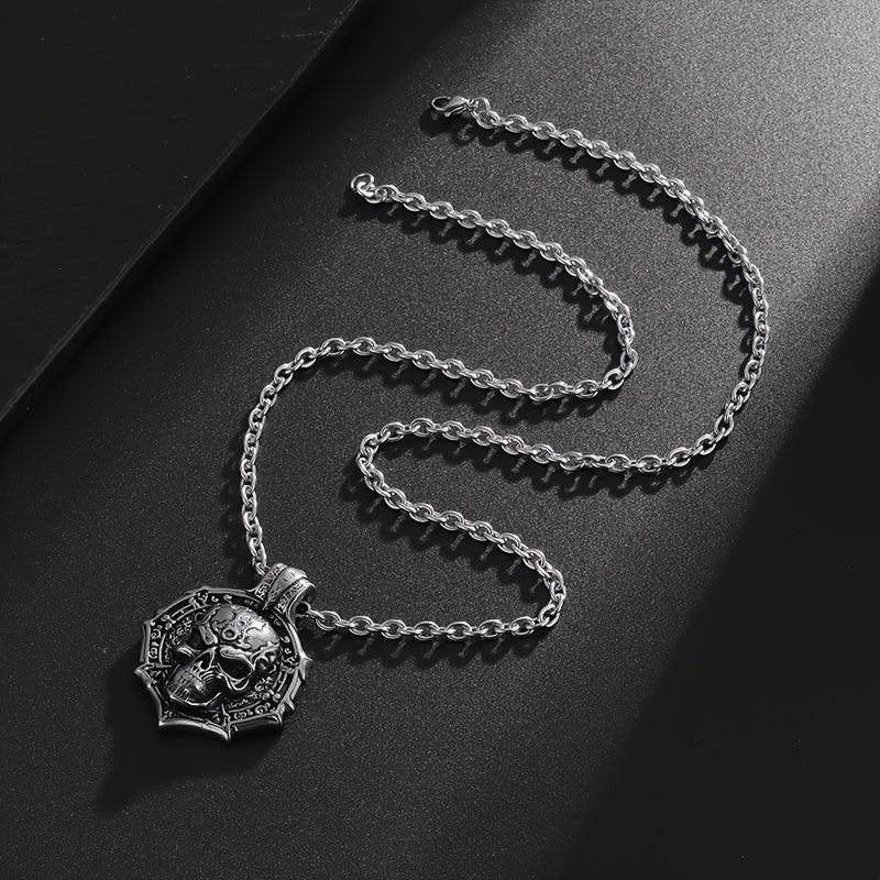 Men's Stainless Steel Gothic Skull Pendant Necklace - Hip Hop Punk Style with Intricate Design, Durable Titanium Steel Chain for Party Wear