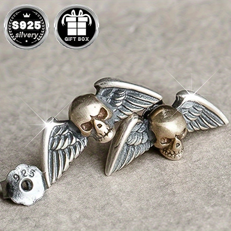 2pc925 Pure Silvery, Silvery Weight About 1g, Skull Wings Earrings, Retro Gothic Punk Style Halloween Party Earrings, Exquisite Holiday Gift