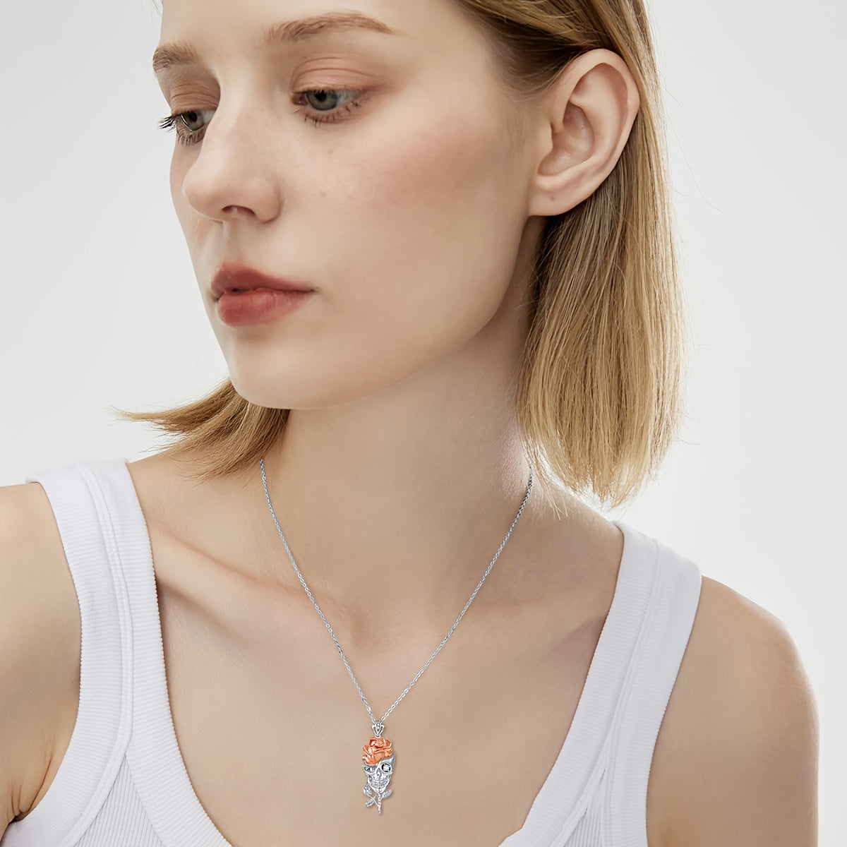 Skull Rose Necklace Pure Silvery Pendant Necklace Jewelry Gift for Wife Girlfriend