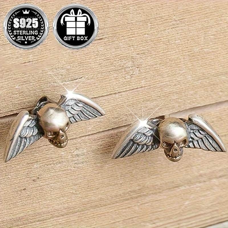 2pc925 Pure Silvery, Silvery Weight About 1g, Skull Wings Earrings, Retro Gothic Punk Style Halloween Party Earrings, Exquisite Holiday Gift