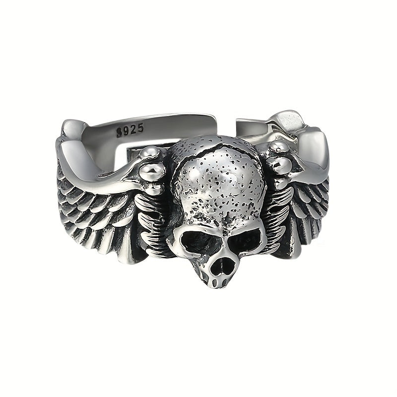 925 Sterling Silver Men's Gothic Skull Ring, Adjustable Open Band, Hip-Hop Punk Style, Unique Devil Angel Design
