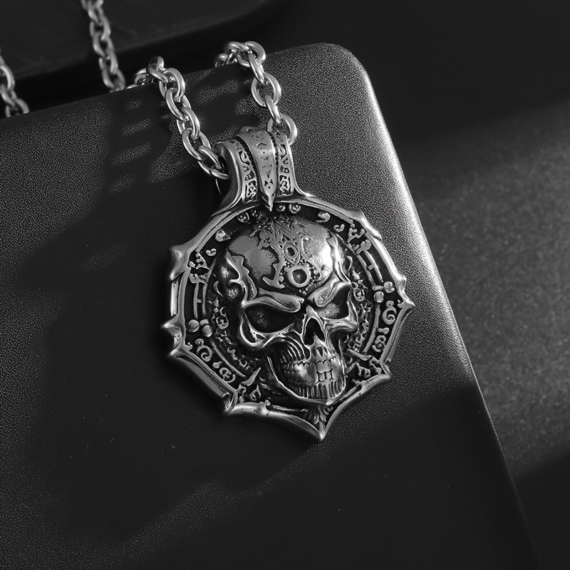 Men's Stainless Steel Gothic Skull Pendant Necklace - Hip Hop Punk Style with Intricate Design, Durable Titanium Steel Chain for Party Wear