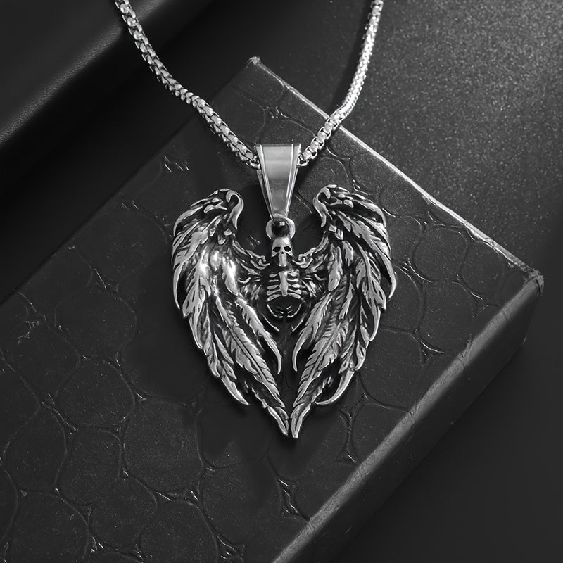 316L Stainless Steel Hell Death Angel Skull Wing Pendant For Men, Punk Personality Knight Jewelry Necklace