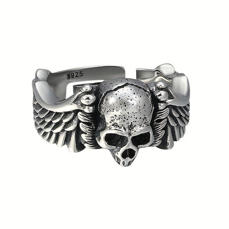 925 Sterling Silver Men's Gothic Skull Ring, Adjustable Open Band, Hip-Hop Punk Style, Unique Devil Angel Design