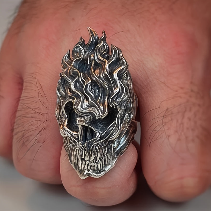 Gothic Flame Skull Ring, Flame Biker Punk Gothic Demon Charm Ring for Men