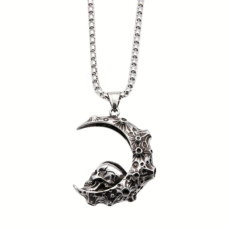 1pc Men's Dark Moon Tooth Skull Necklace, Men's Trendy Punk Titanium Steel Motorcycle Hip Hop Pendant Men's Sweater Chain